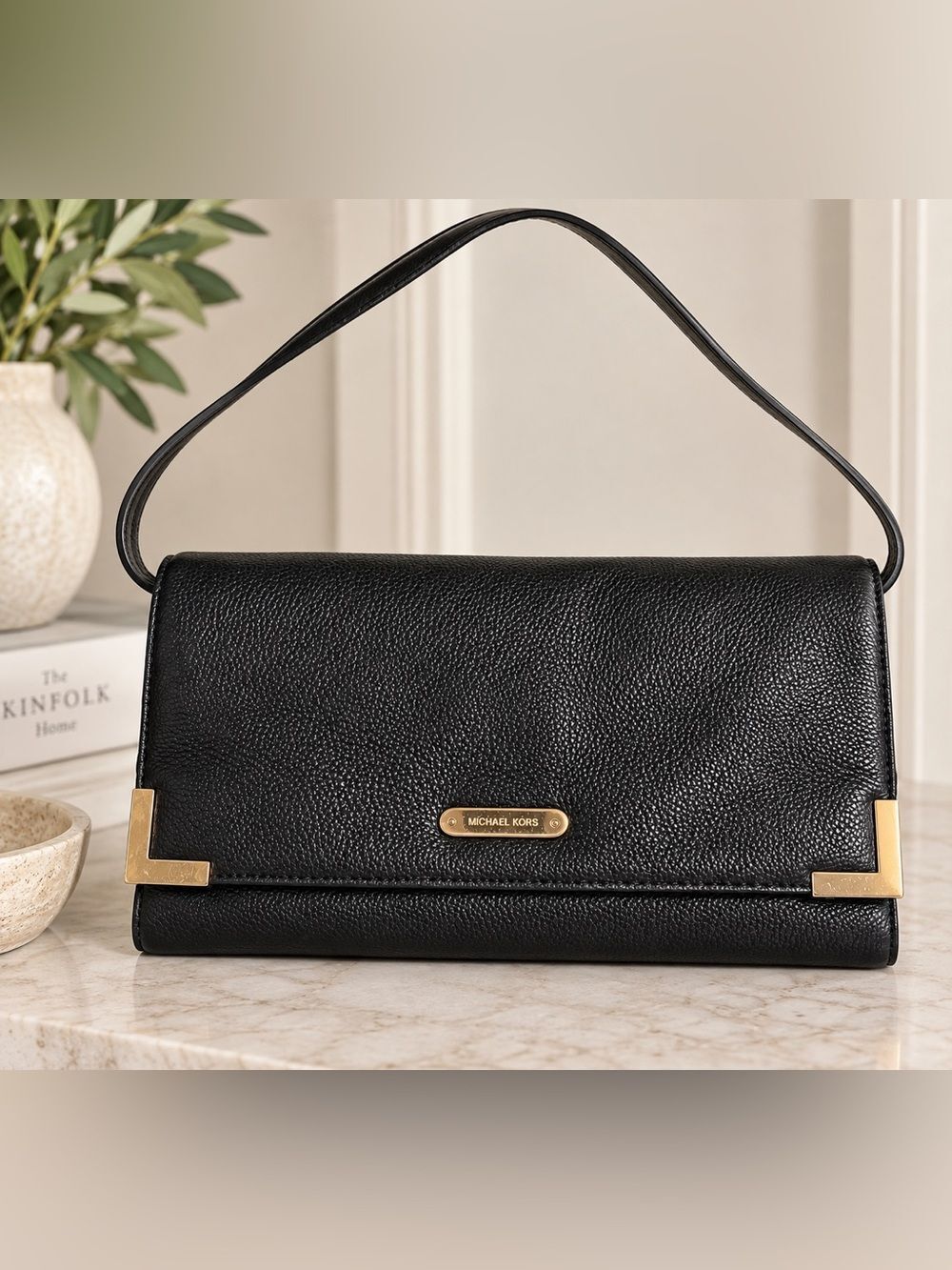 Michael Kors Beverly Black Pebbled Leather Convertible Clutch Shoulder Bag